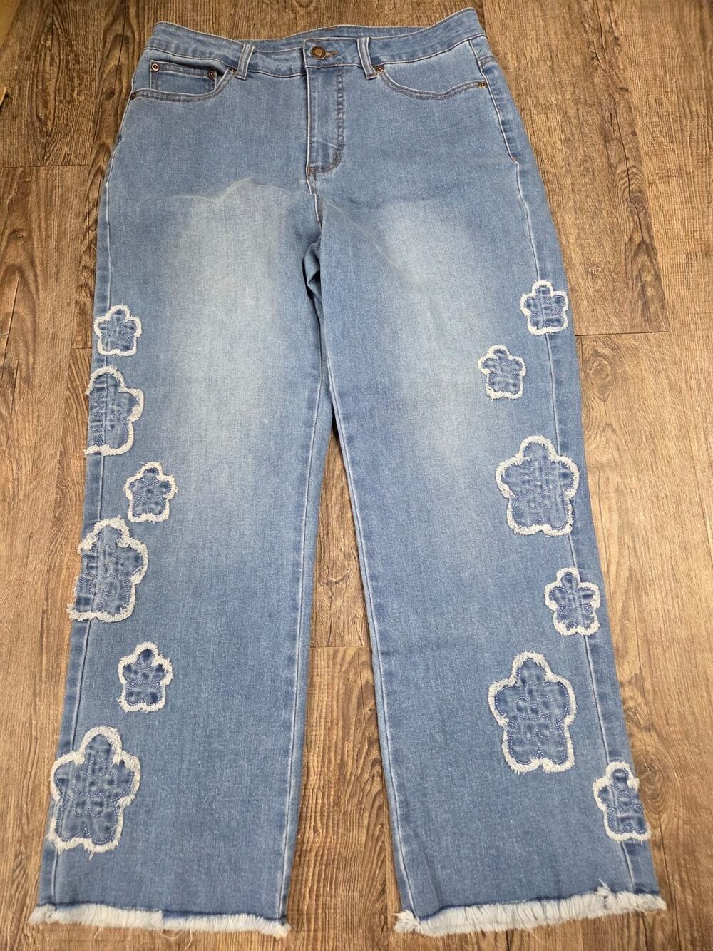 Slimsations by Multiples Floral Patch Stretch Jeans Denim Frayed Edge Size 8